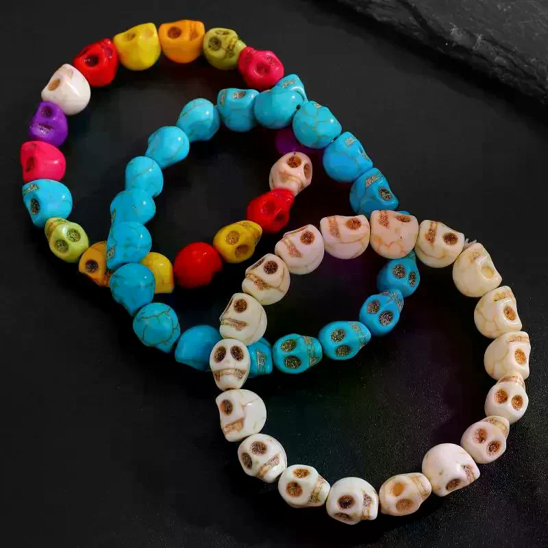 Colorful Skull Skeleton Bead Elastic Strand Bracelets Head Bone Stone Seed Delicate Gothic Charm Jewelry