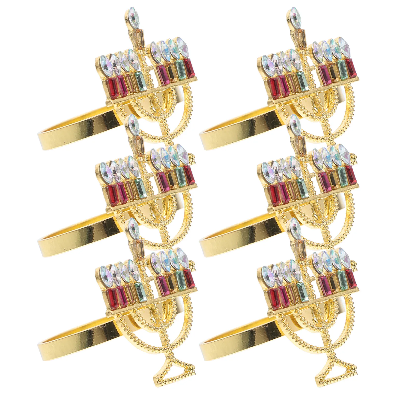 

6pcs Chanukah Rings Menorah Metal Holiday Decor Rhinestone Table Accessories Gold Napkin Buckles Hanukkah Party Supplies Jewish