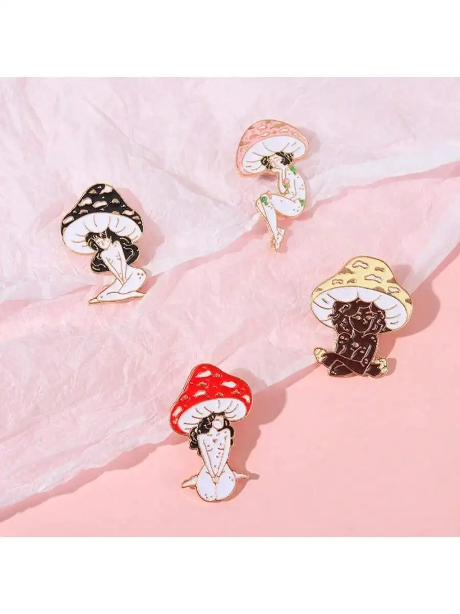 4PCS Creative Cartoon Mushroom Man DIY Metal Pin Badge Decorative Accessories For Clothes Backpack Hat Holiday Party