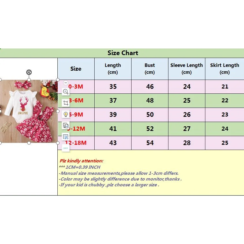 0-18Months Newborn Baby Girl Christmas Costume Set Romper+Suspender Skirt+Headwear 3PCS Skirt Set for Toddler Girl New Year Wear