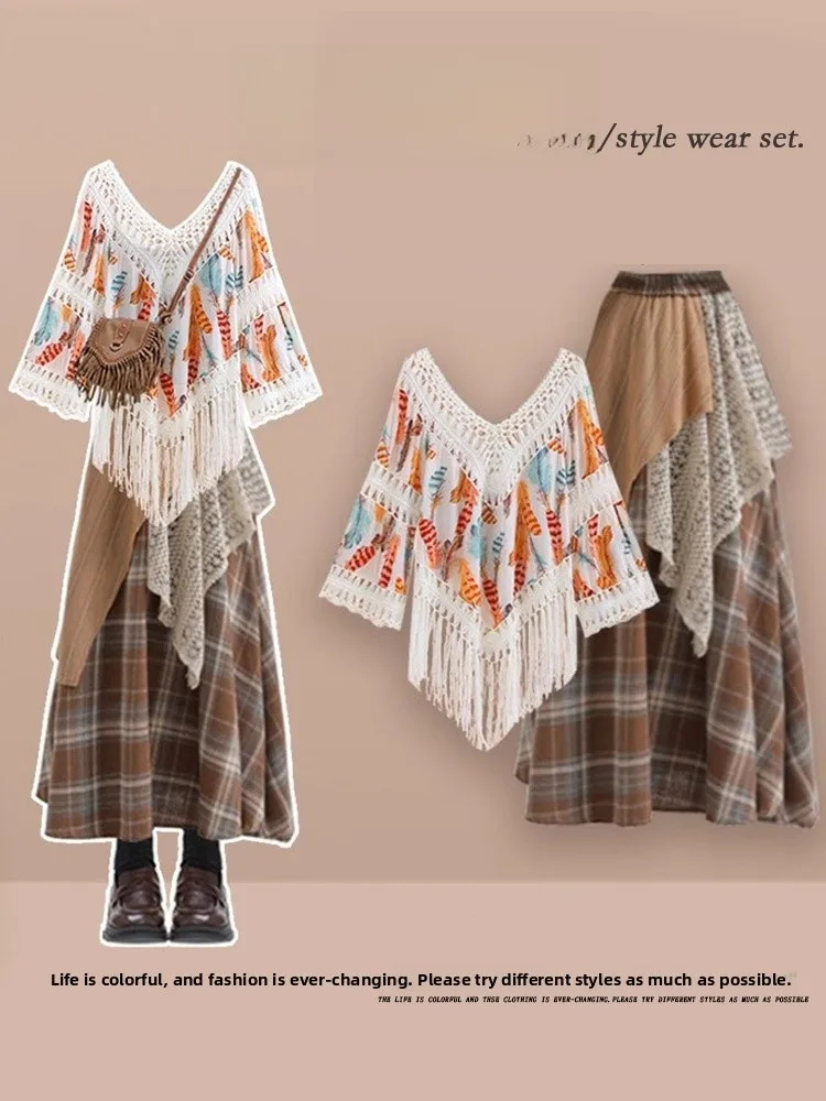 

Комплект женской одежды больших размеров: модный весенний наряд в этническом стиле с ажурным дизайном, винтажная клетчатая юбка и топ с длинным рукавом и V-образным вырезом