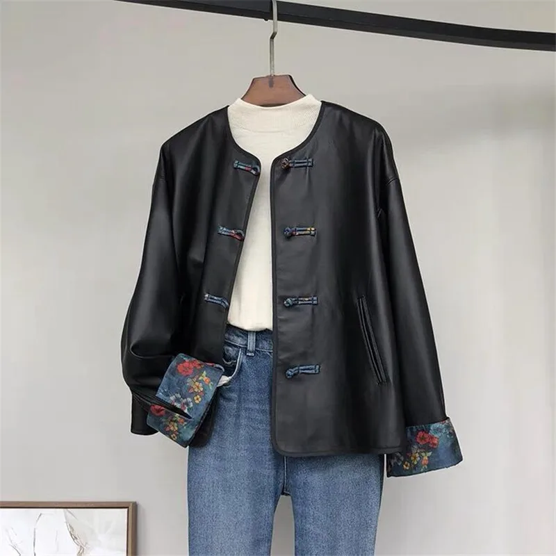 Chinese Style Leather Jacket Women Long Sleeve Flower Printed Coat Winter Loose Buckle Button O-neck Tops Fashion Thin Outerwear