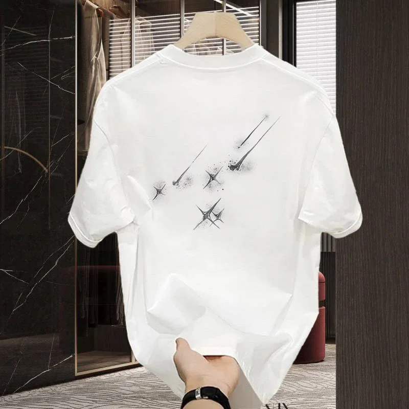 2026 New Men's Summer 100% Cotton Short-Sleeve T-Shirt with Meteor Print - Casual and Comfortable Top