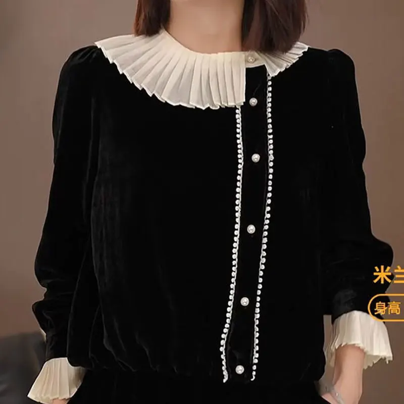 Vintage Fashion Pleated Shirt Spliced Ruffles Female Clothing Elegant Asymmetrical Spring Autumn Commute Single-breasted Blouse