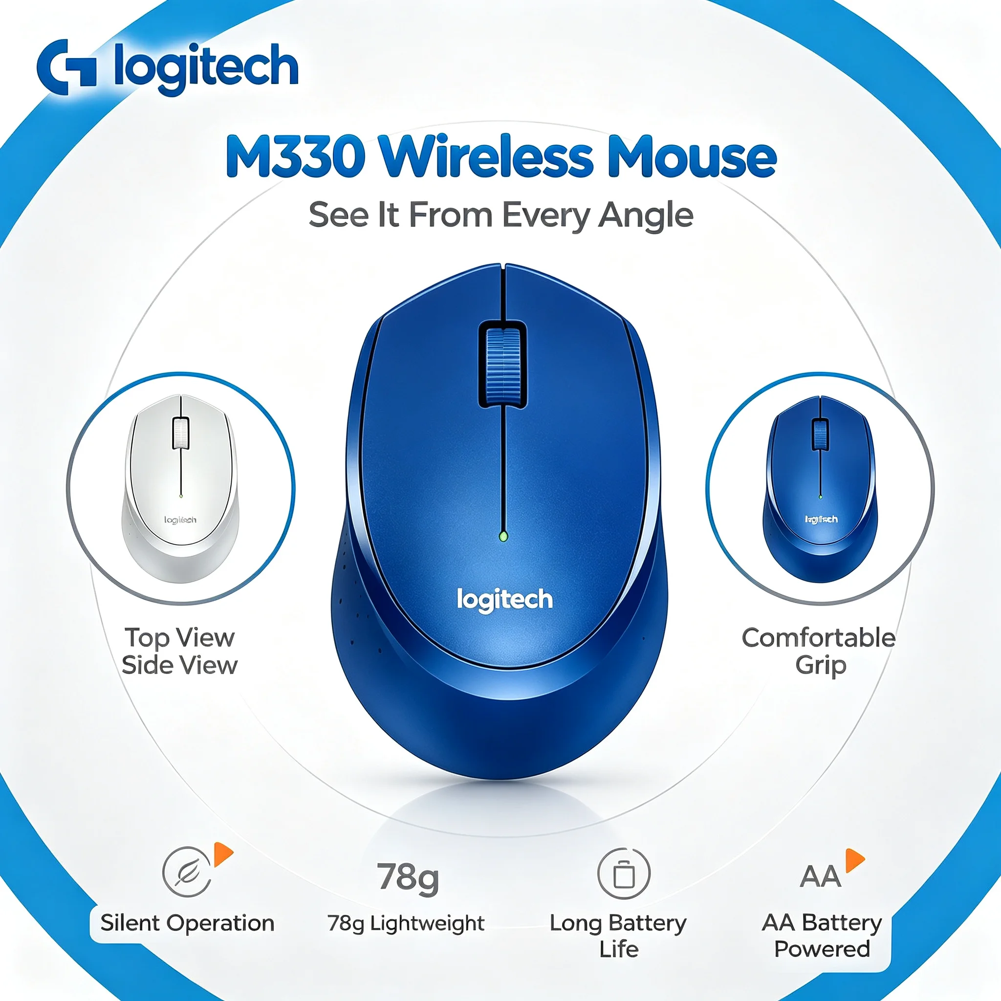 Logitech M330 2.4G Wireless Optical Silent Mouse, Comfort Hand Feel, Multiple Color Choices for PC Notebook Computer