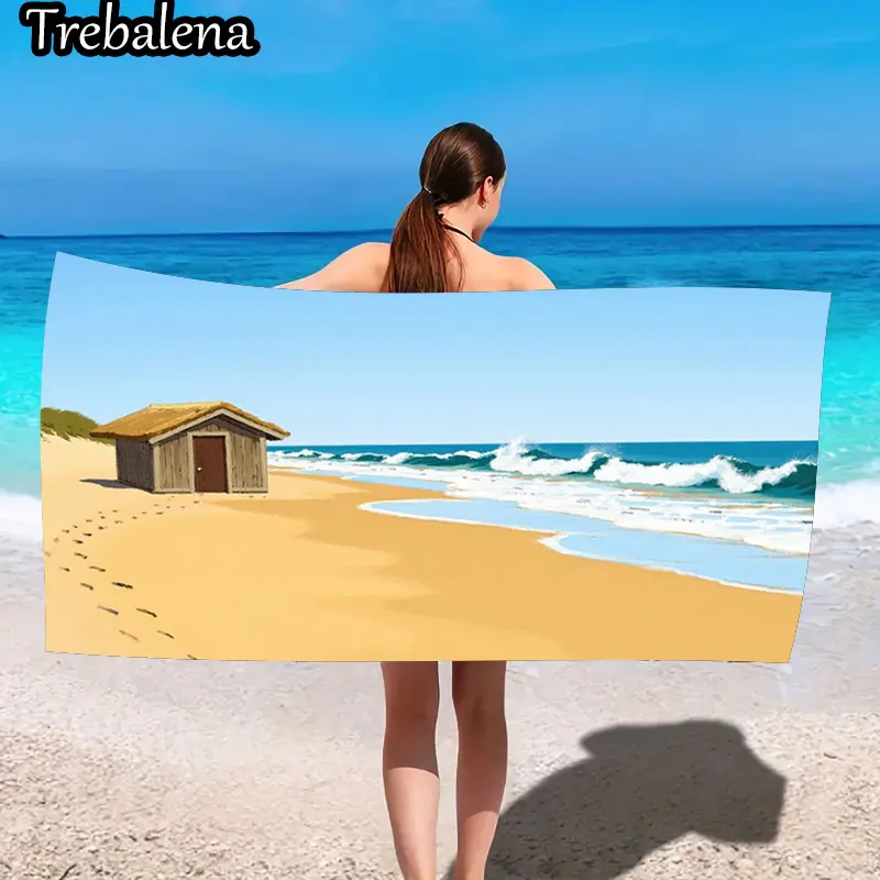 

30*60inch Ultra-Soft Beach Towel with Beach Hut Ocean Waves Sand Towel