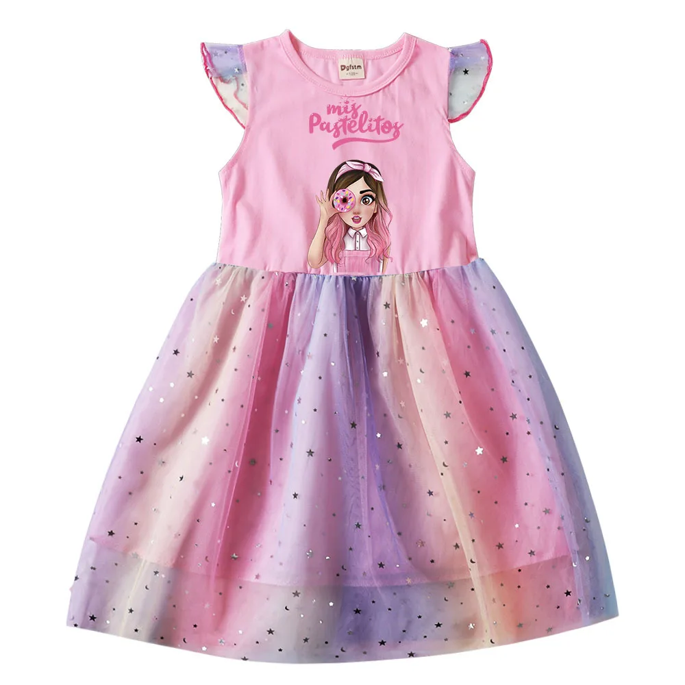 Mis Pastelitos Dress Kids Cotton Sleeveless T Shirt Mesh Dresses Toddler Girls Princess Dress Children Wedding Party Vestidos