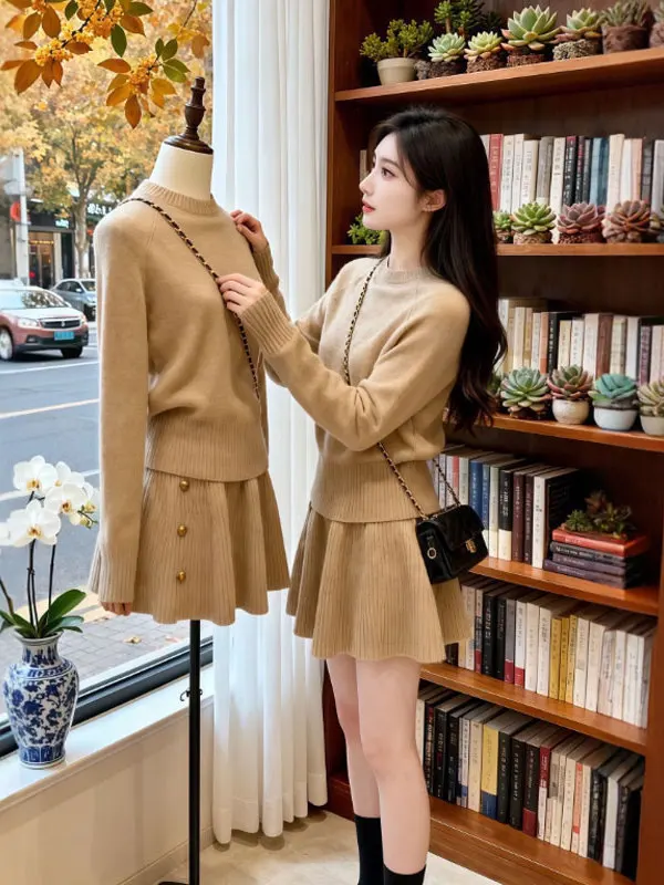 

Retro Beautiful Unique Knitted Top Skirt Two-Piece Set Elegant Complete OOTD Spring 2026 Fashion Women's Ensemble