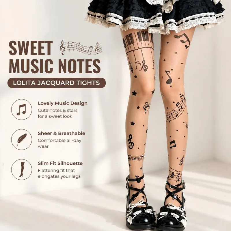 Sweet Lolita Jacquard Pantyhose with Musical Staff Note Patterns Y2K‑style Slim‑fit Hosiery Bow‑decorated Over‑knee Socks