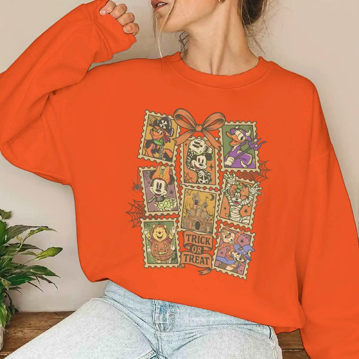 Sweat-shirt imprimé Halloween Disney Mickey & Friends pour femme, col rond, manches longues, surdimensionné, automne et hiver