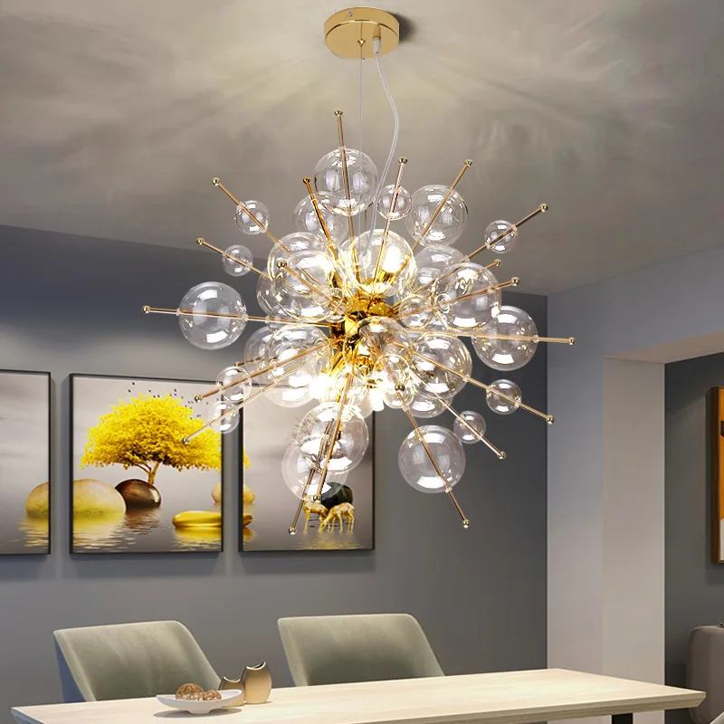 Creative Dandelion Bubbles Pendant Lights Chrome Gold with Transparent Glass Balls Chandelier Dining Room Kitchen Pendant Lamp