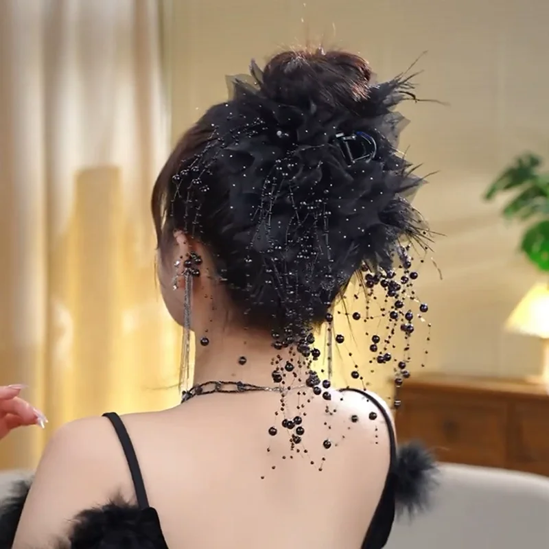 

Women Luxury Hair Accessories Autumn Winter New Headwear Female Feather Pearls Tassels Flower Hair Claws Lady Party Hair Clips