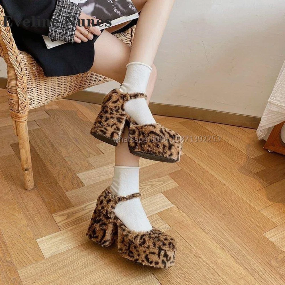 Leopard Platform Sexy Women Sandals Round Toe Height Increasing Buckle Strap Side Air Furry Fur Pumps Spicy Girl Casual Shoes