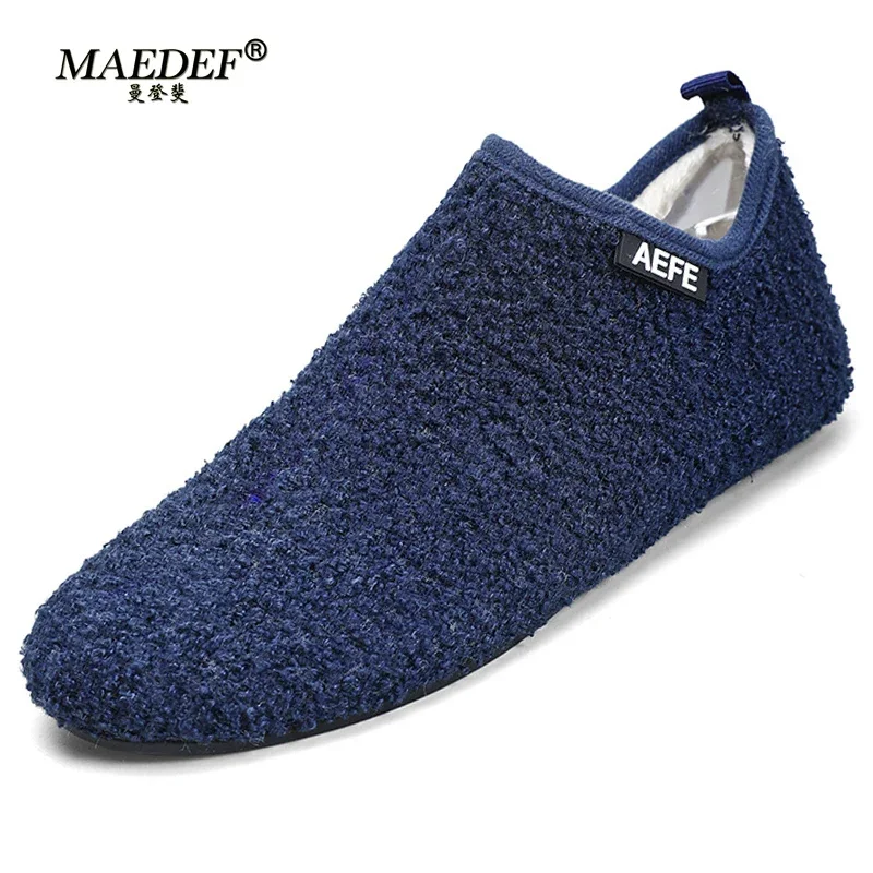 MAEDEF Cotton Shoes Male High Quality Warm Slip on Lightweight Winter Blue Plush Bedroom House Cotton Loafers Men's Warm Shoes