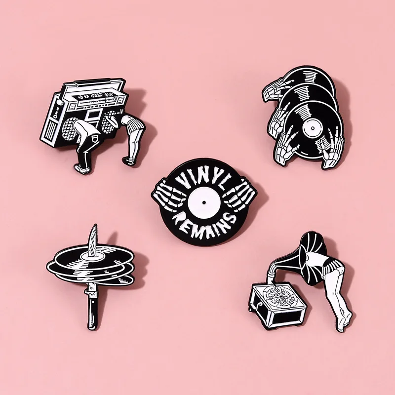 Wholesale Music CD player Enamel Pins Custom Black and White Phonograph Hand Bone Tape Recorder Punk Lapel Brooches Jewelry Gift