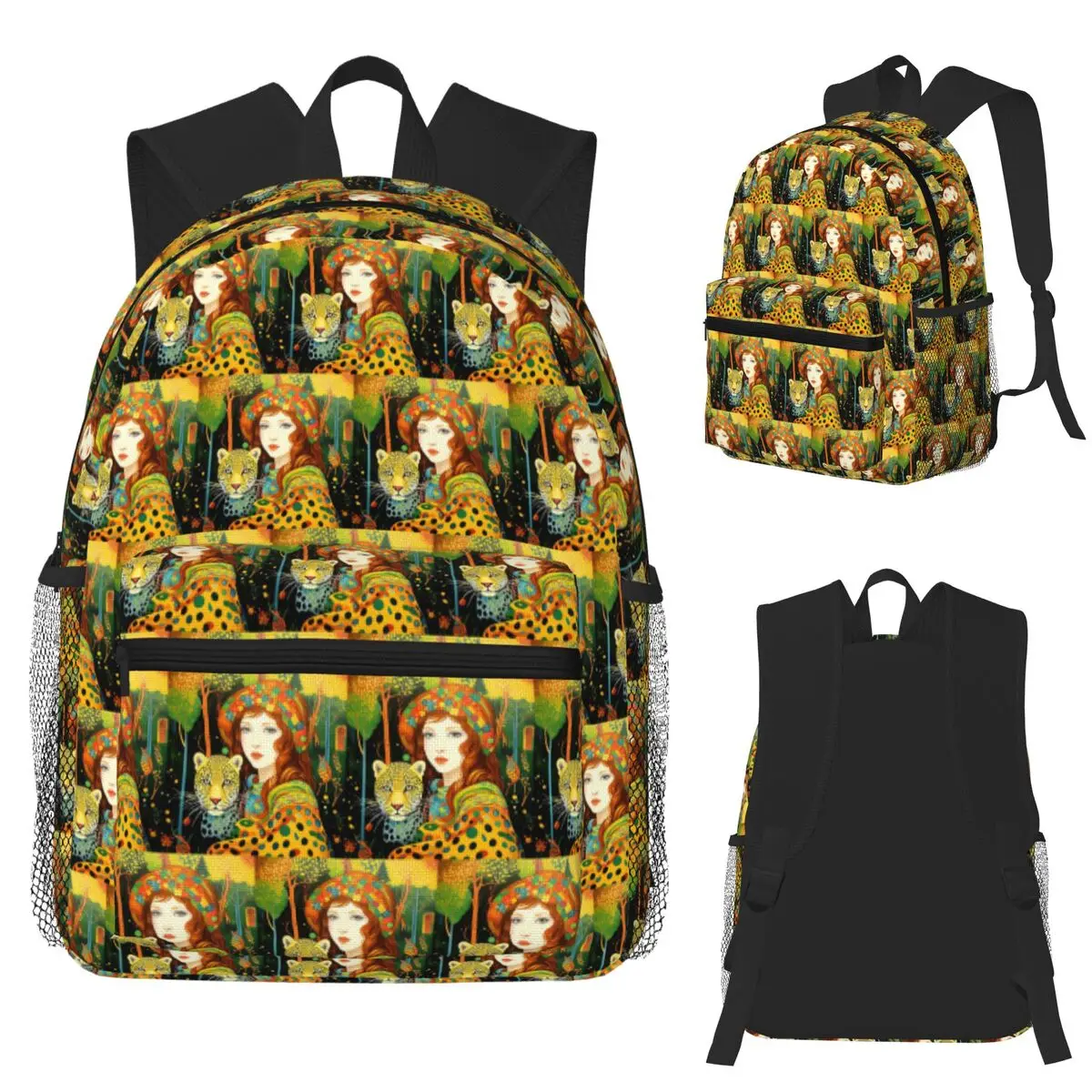 

A Woman And A Leopard Student Backpack School Bag Hiking Travel Daypack for Boys Girls Fashion Bookbag Shoulder Bags