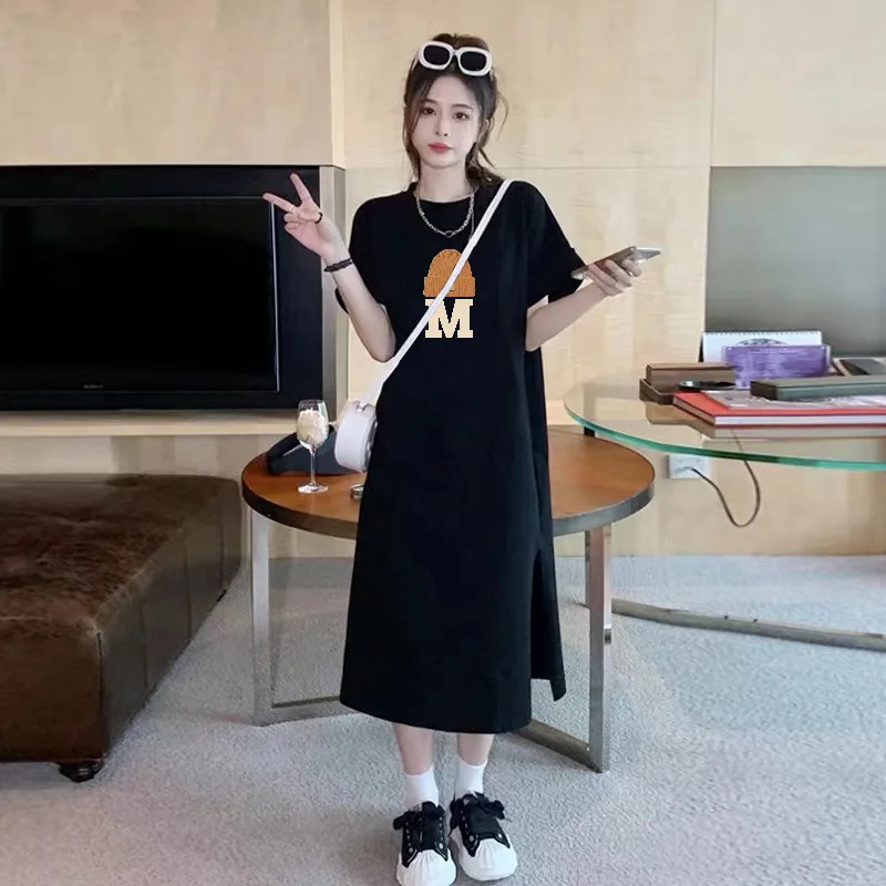 Women's Summer Casual Long T Shirt Dress, Slit Letter Print Sundress, Loose O Neck Tunic, Printed Basic Dresses, M-3XL, 4XL