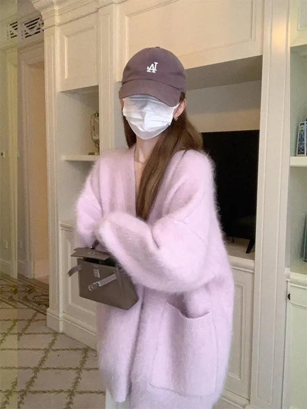 

Фиолетовый кардиган из меха норки, женский, весна 2026, новинка, нежный корейский стиль, свободный крой, средней длины, вязаный, повседневный, расслабленный фасон