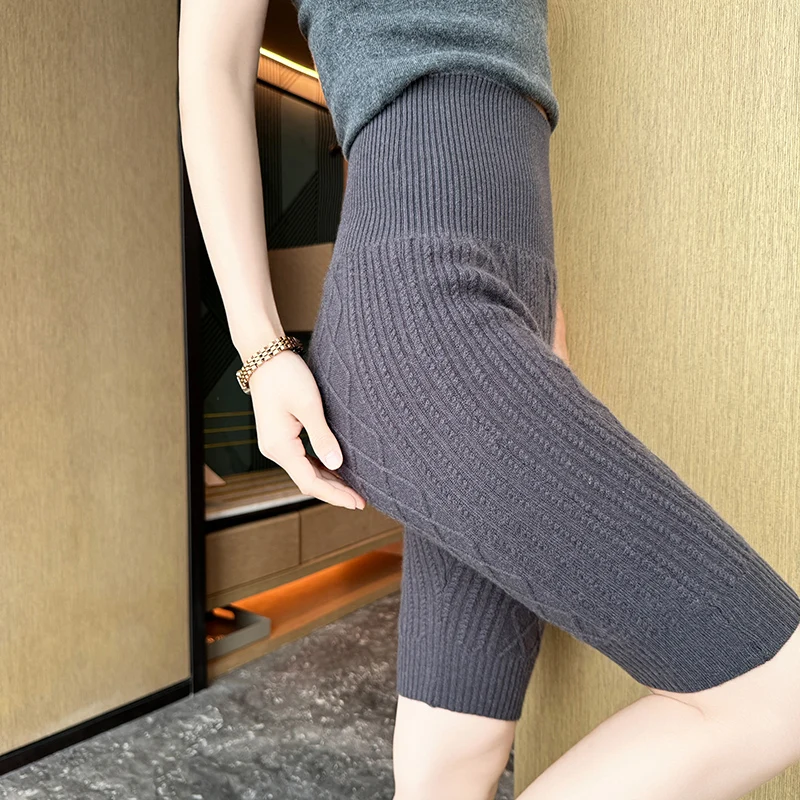 Women's 100% Pure Cashmere High-Waisted Leggings Knee-Length Tummy-Control Warm Hip-Lifting Autumn Winter Pants Shorts