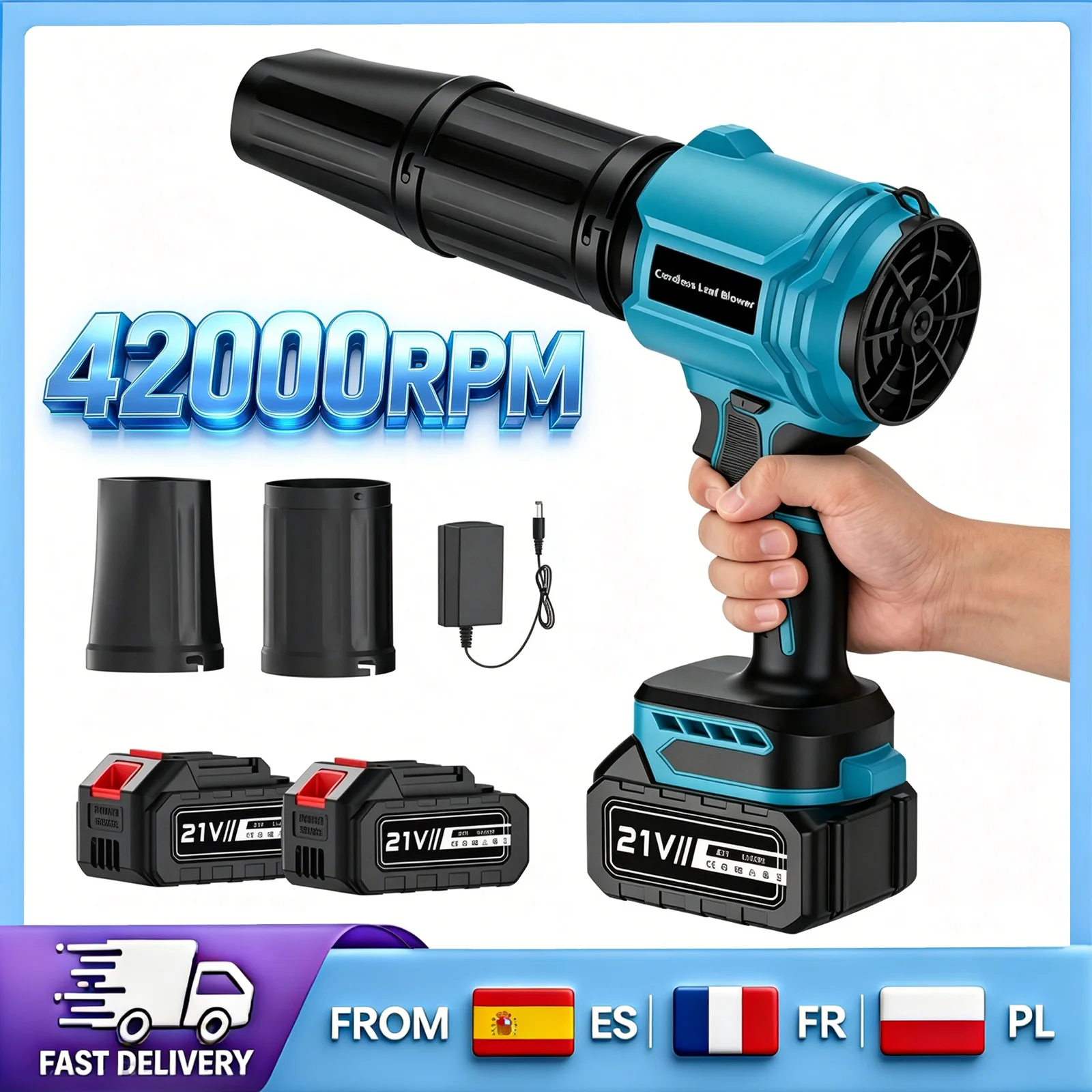 Souffleur à feuilles sans balais 21V 600W, souffleur sans fil Hurricane 42000 tr/min 1150g avec deux batteries pour jardin, garage, voiture, construct