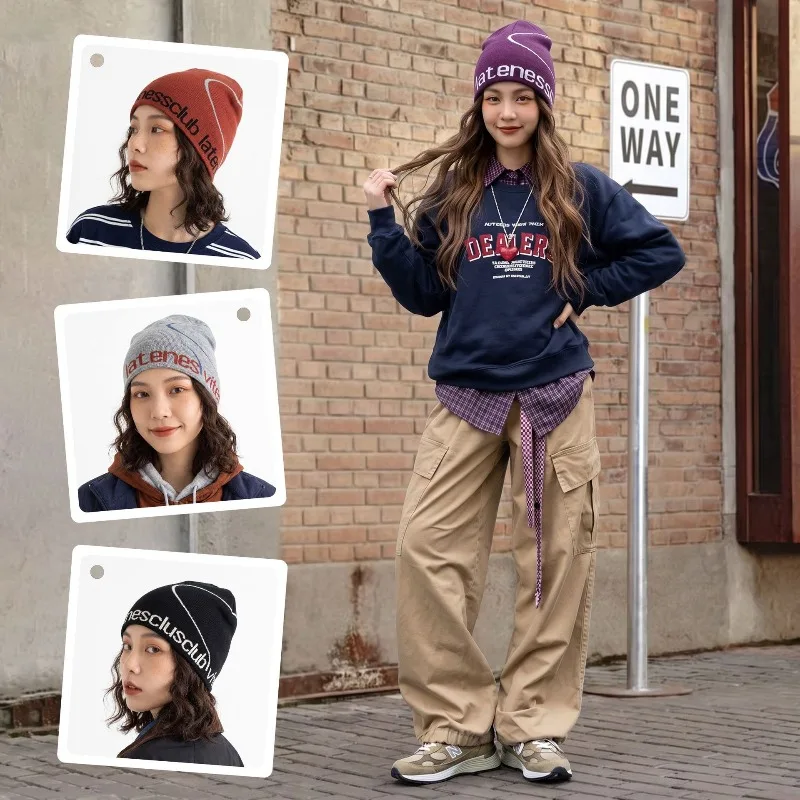 Letter Jacquard Knit Beanie Women Winter Warm Acrylic Slim Fit Skull Cap Biker Style Pullover Cold Weather Hat for Streetwear