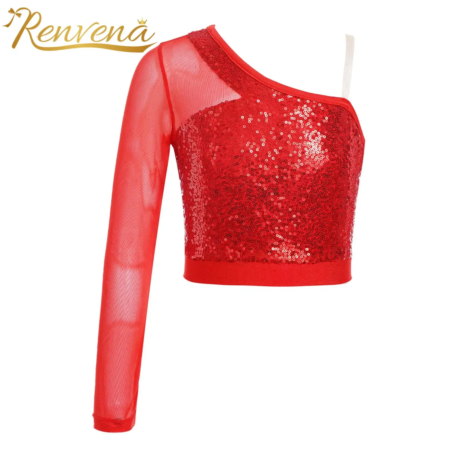 

Fashion Girls Sequins Dance Tops Kids Children Sheer Mesh Long Sleeve One Shoulder Crop Top for Latin Jazz Dancing Costumes