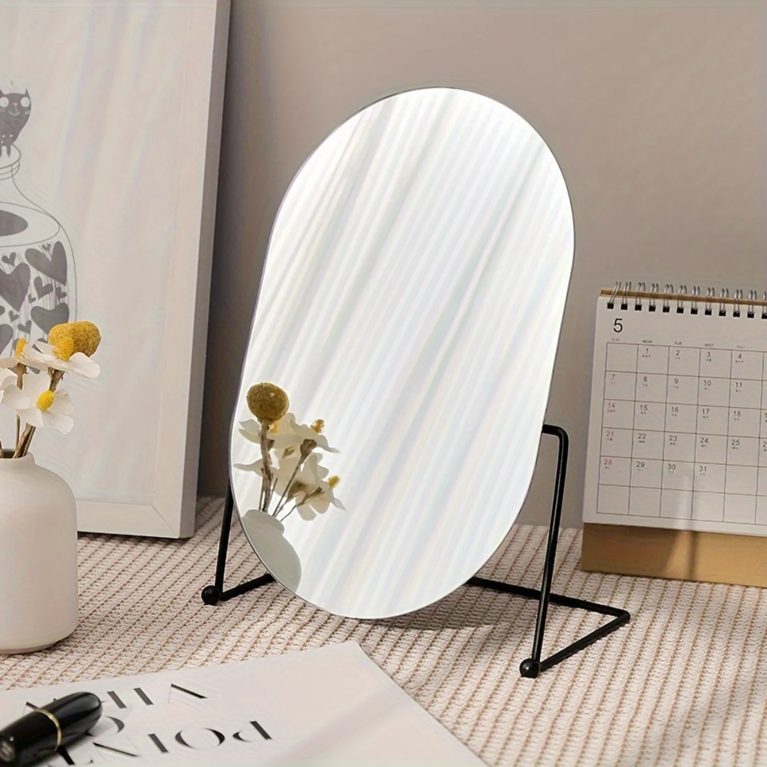 1pc Cast Iron Desk Makeup Mirror, High-Definition Rotatable Oval Vanity Mirror, Simple Luxury Metal For Dorm And Bedroom Decor