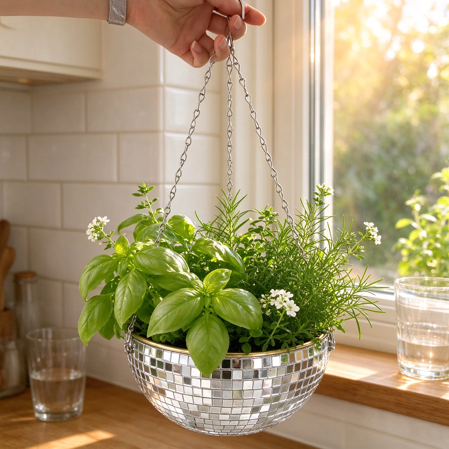 Cute Boho Disco Ball Planter with Chain, Mirror Flower Pot for Succulents, Indoor Home Decor Aesthetic, Gift for Plant Lovers