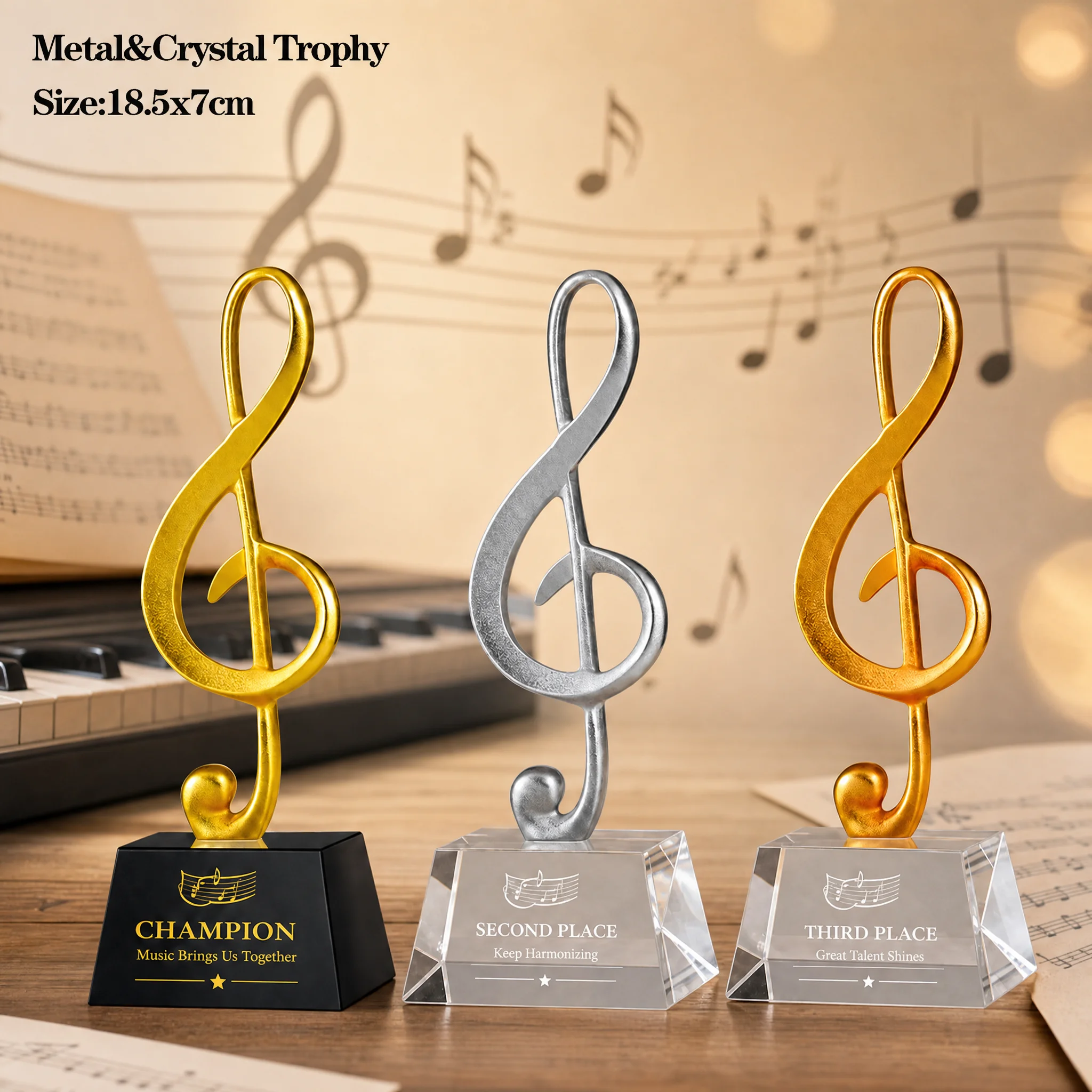Metal Music Note Crystal Trophy Customized Piano Singing Competition Award Ceremony Add Text and Logo Free