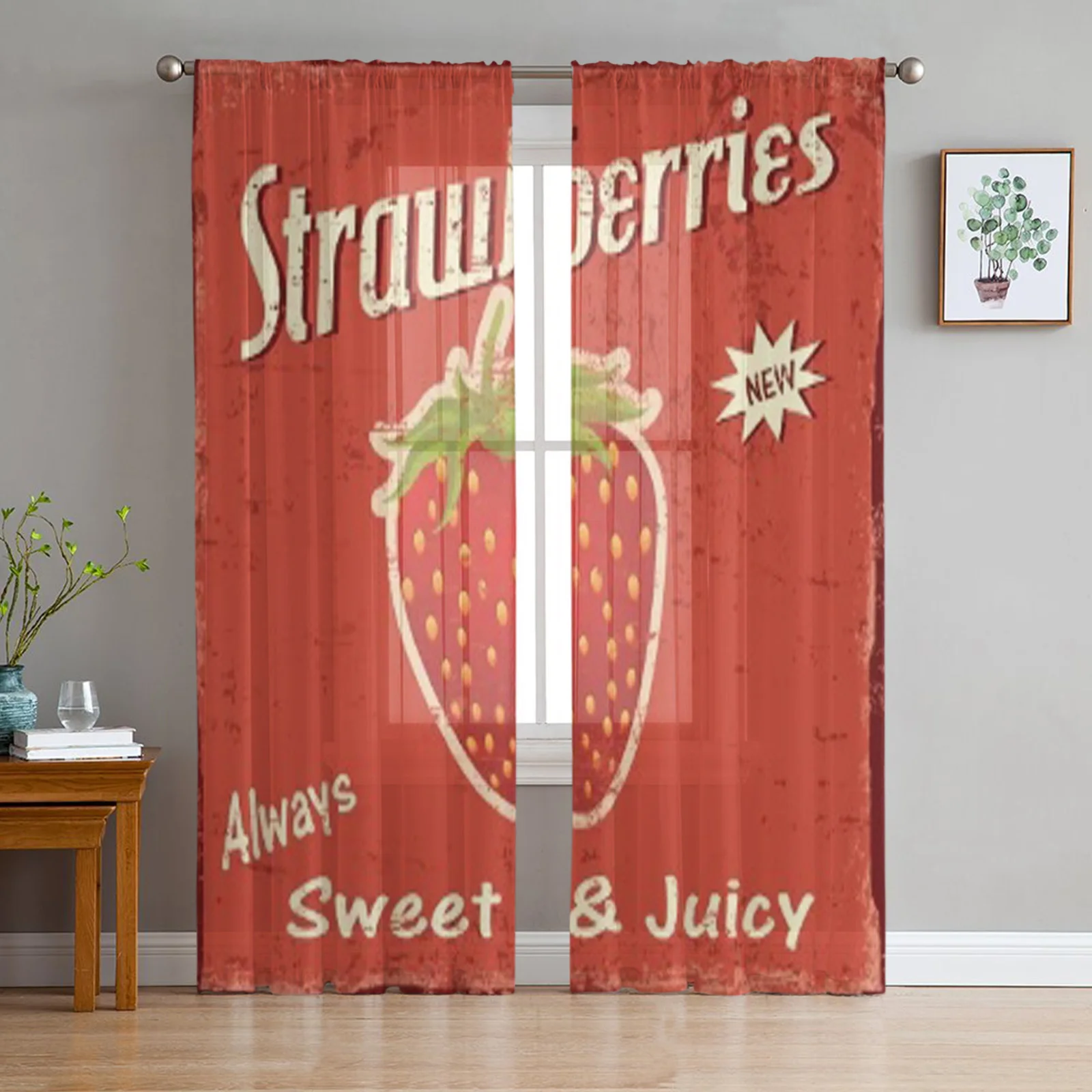 

Strawberry Vintage Grunge Poster Luxurious Chiffon Sheer Curtains for Living Room Bedroom Decoration Window Voiles Tulle Curtain