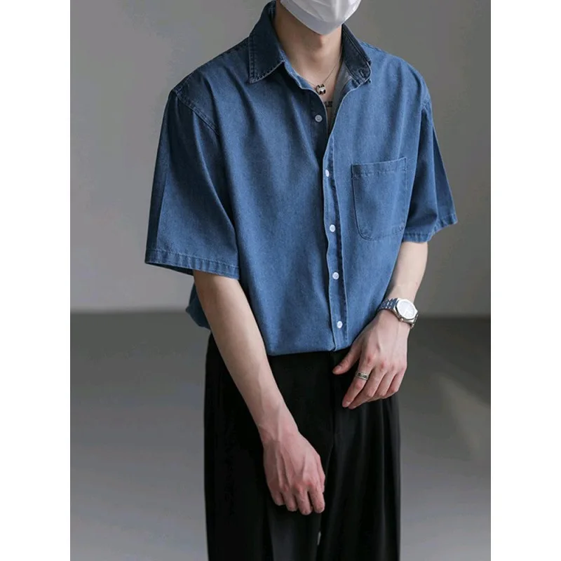 

Korean Style Washed Denim Shirt Man, Short Sleeve Mans Jeans Tops, Oversized Causal Shirt For Men