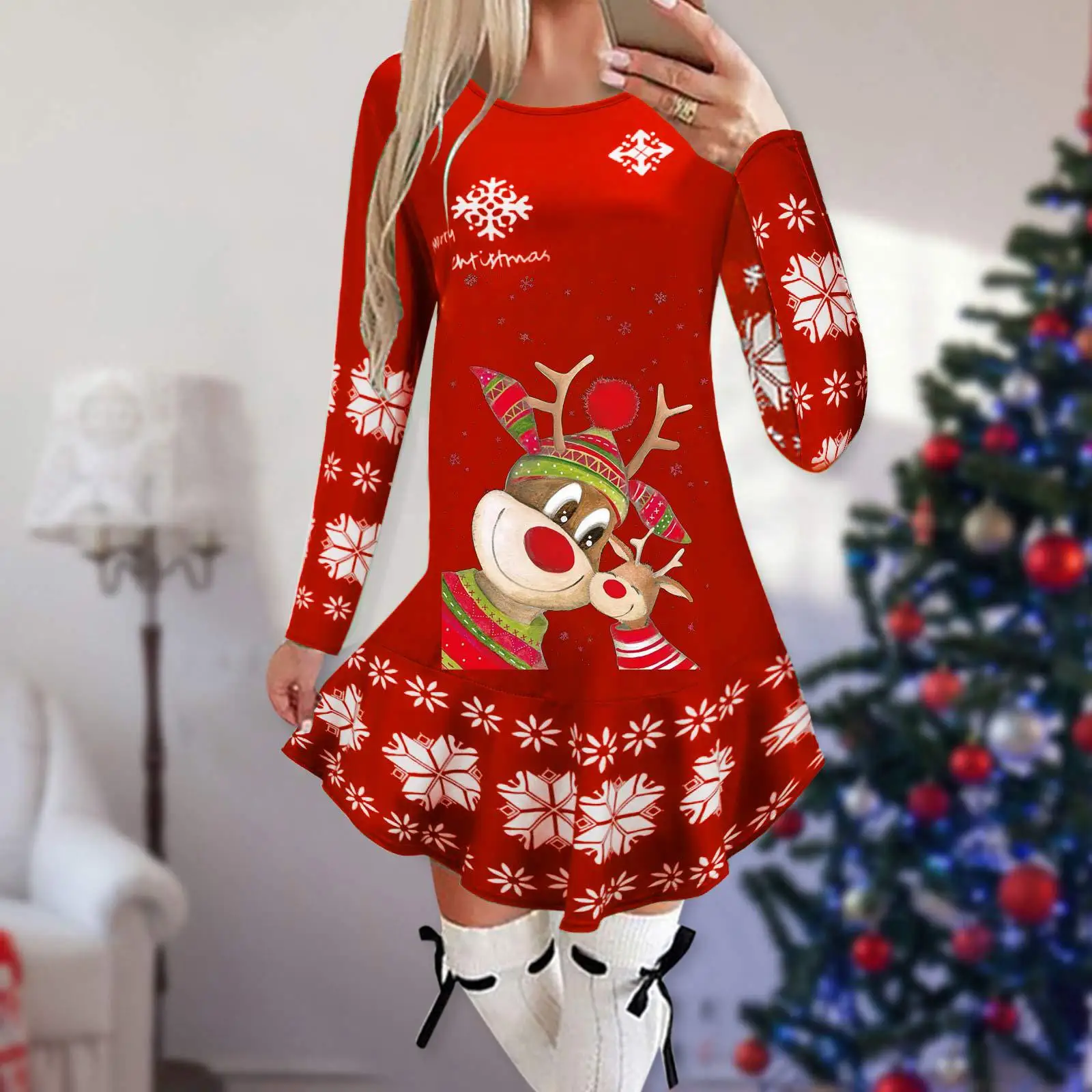 Christmas Theme Dress For Women Christmas Cartoon Print Winter Long Sleeve Dresses Fashion Pullover Evening Party Vestidos 2023