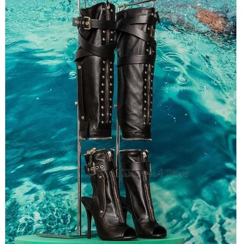 

Black Belt Fastener Rivets Decor Hollow Cut Heel Boots Side Zipper Women Shoes Thin High Heels Runway 2023 Zapatos Para Mujere