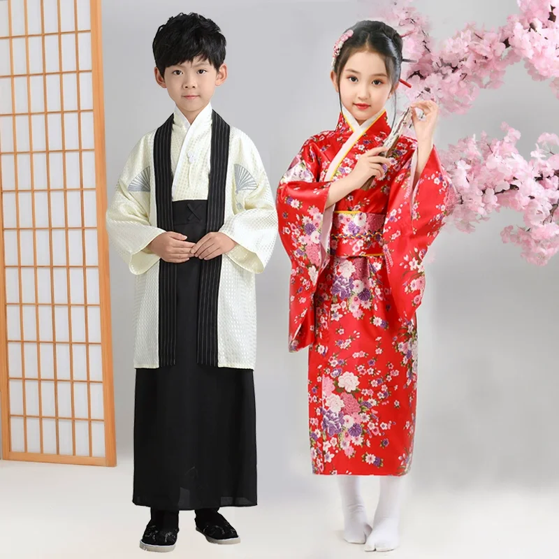 

Kids Japanese Style Kimono Girls Floral Printing Bow Belt Slim Thin Soft Yukata Boys Samurai Cardigan Kimono Costume