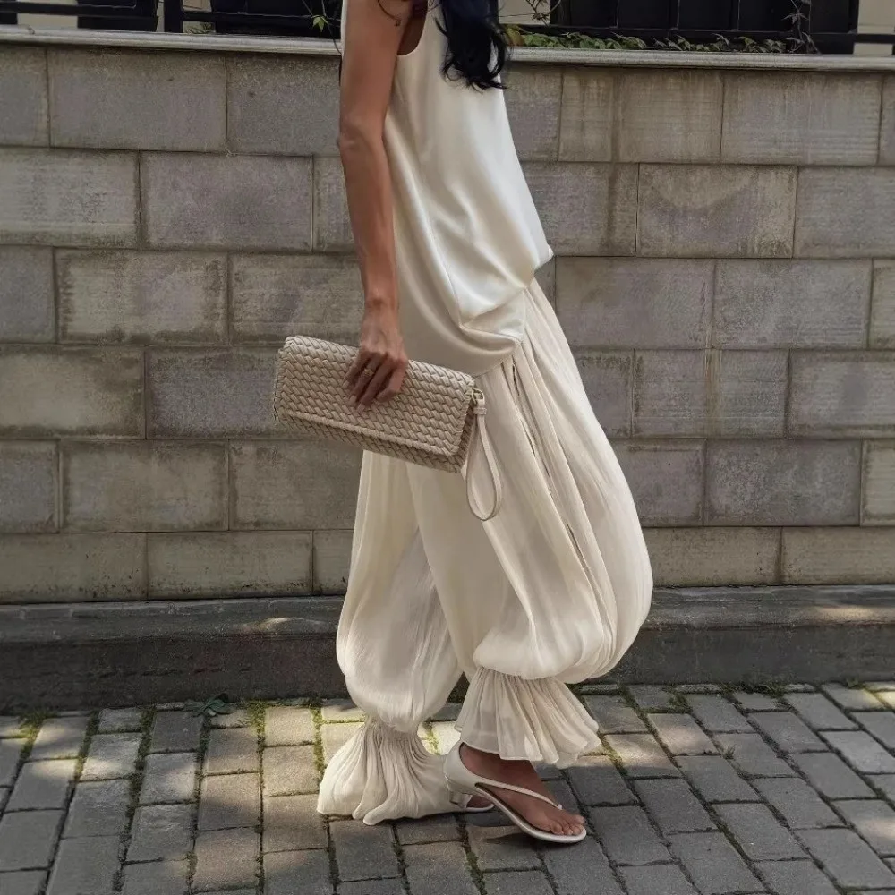 Y2k Bubble Pleated Balloon Pants for Women Side Slit Thin Long Bloomers Flowy Elastic High Waist Baggy Pants Streetwear