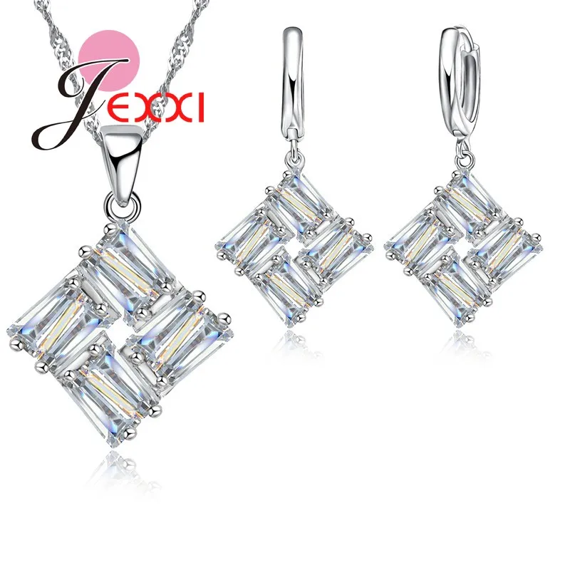 

High Quality Square Zirconia Crystal 925 Sterling Silver Pendant Necklaces Hoop Earrings Bridal Wedding Jewelry Set