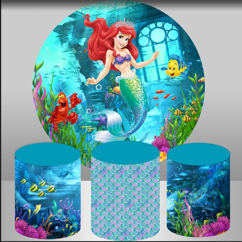 Mermaid Princess Baby Shower Round Circle Backdrop Disney Customized Girls Birthday Party Background Event Decor Cylinder Cover