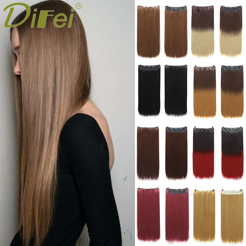 

DIFEI Synthetic Natural Hair Extensions 24 - inch Straight Clip-on Hair Wig female 5 Clips High Temperature Hairpiece