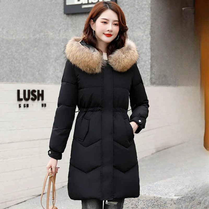 Winter New Women White Duck Down Jacket Female Mid-Length Fashion Slim-Fit Raccoon Fur Collar Hooded Parkas Thicken Warm Outwear