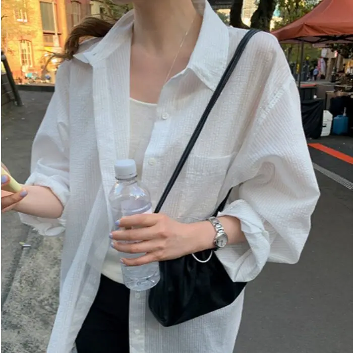 

Comfortable Breathable Loose Casual Top Shirt Dongda Gate Women's Fashion Striped Micro Transparent Thin Sun Protection