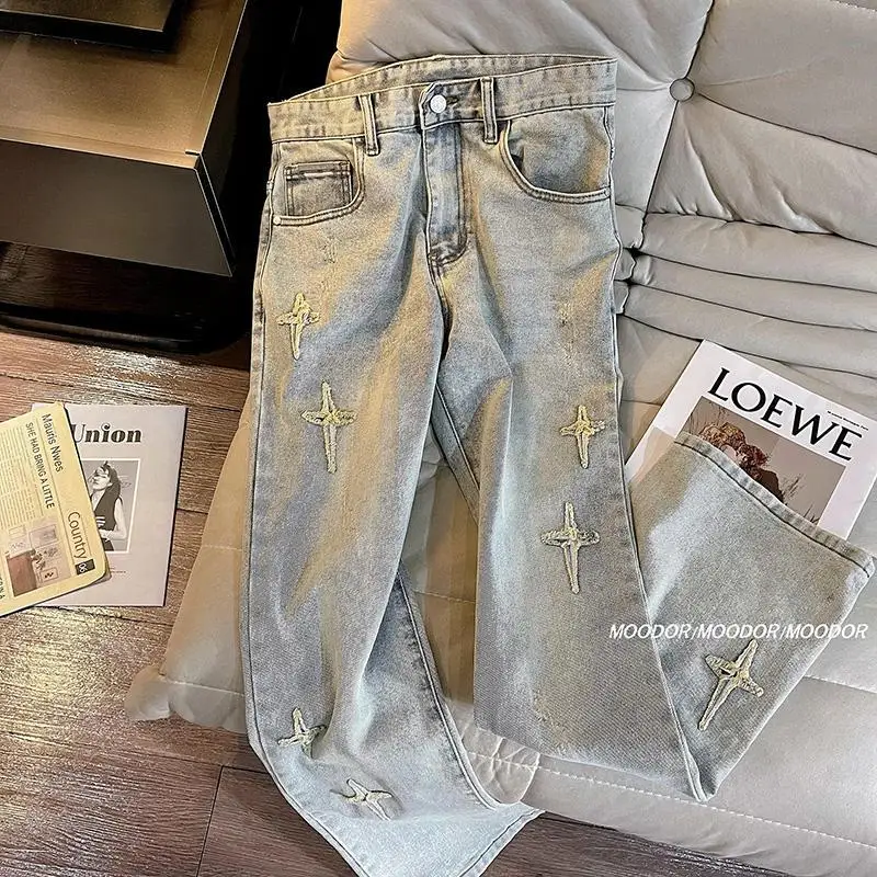 

Retro High Street Cross Star Jeans for Men and Women Summer Fashion Trend Casual Comfy High Waist Slim Fit Micro Flare Pantsins