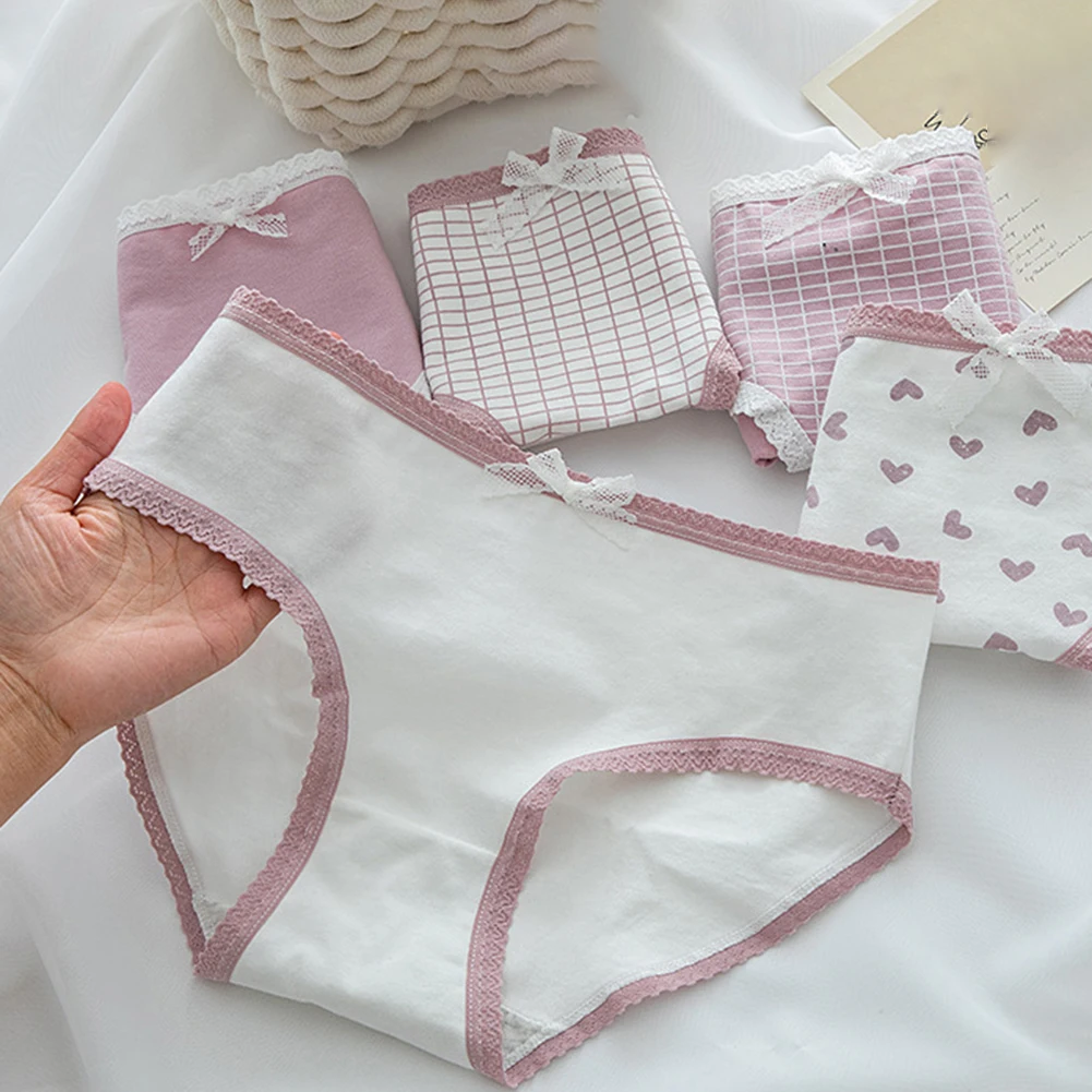 5 Pack Cotton Women Panties Lace Bow Heart Grid Print Mid Waist Soft Breathable Sweet Ladies Intimate Underwear Daily Bottoms