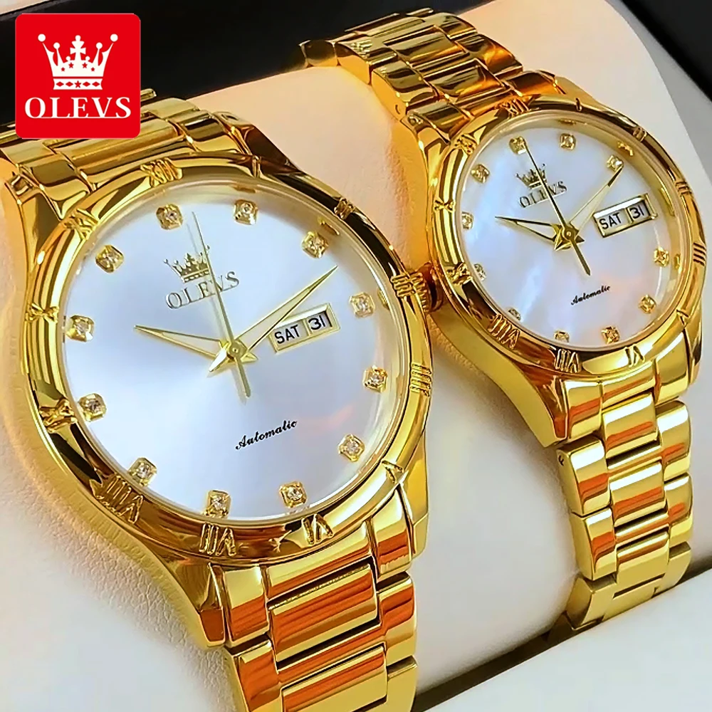 

OLEVS часы для пар, роскошные модные оригинальные автоматические механические наручные часы из нержавеющей стали для влюбленных, водонепроницаемые светящиеся дата