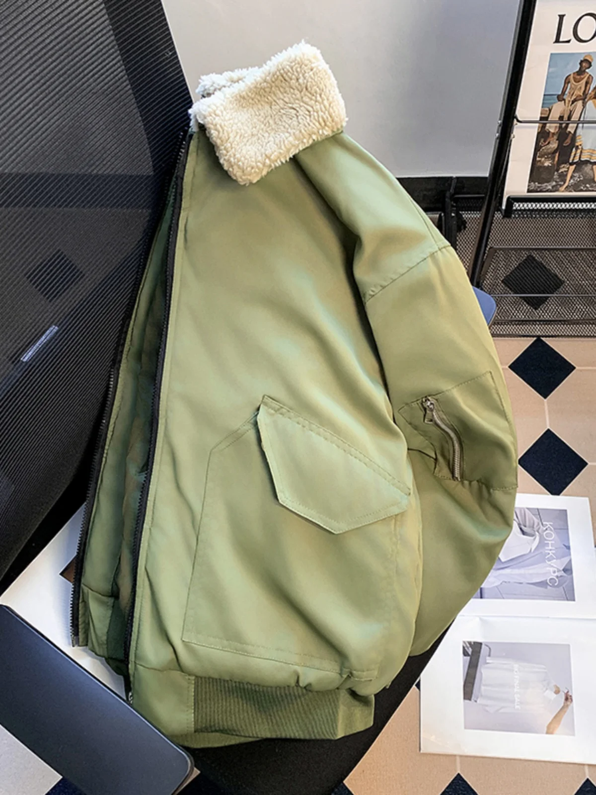 Women's Army Green Sheepskin Padded Jacket Warm Thicken Parka Jacket Harajuku Oversize Outerwear Coats Vintage 2000s Winter 2025
