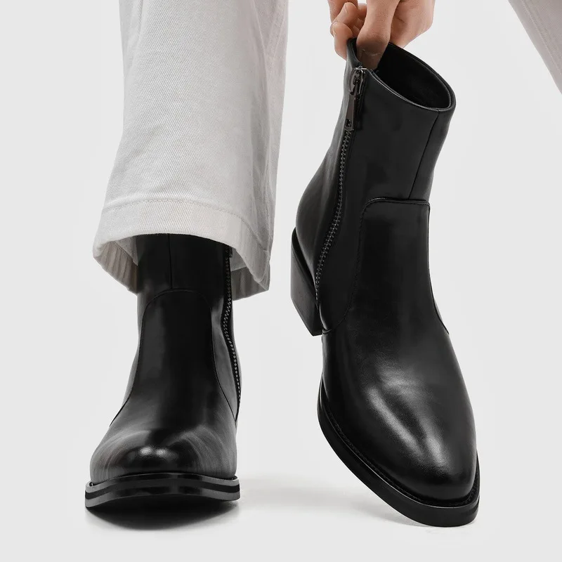 

High Quality Men's Vintage Pointed Toe Chelsea Boots Block Heel Leather Ankle Booties Western Botas Daily Streetwear Short Boots