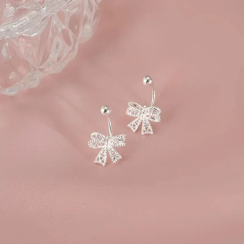 Lace Heart Hollow Bow Screw Buckle Puncture Stud Earrings for Women Fine Jewelry Minimalist Accessories