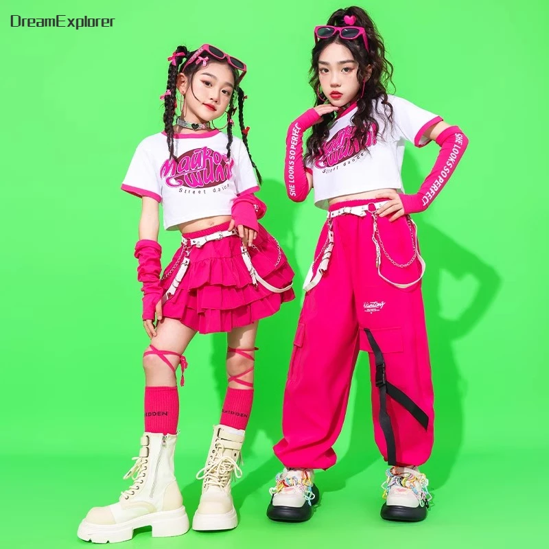 

Girls Hip Hop Crop Top Cargo Pants Child Summer T-shirt Tiered Skirt Kids Streetwear Jazz Sweet Street Dance Costume Clothes Set