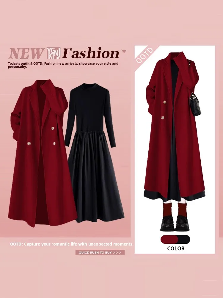 

Красное длинное двубортное пальто Dr Set Ele Simple Sle Winter Faion, женский элитный наряд, длинный кардиган све