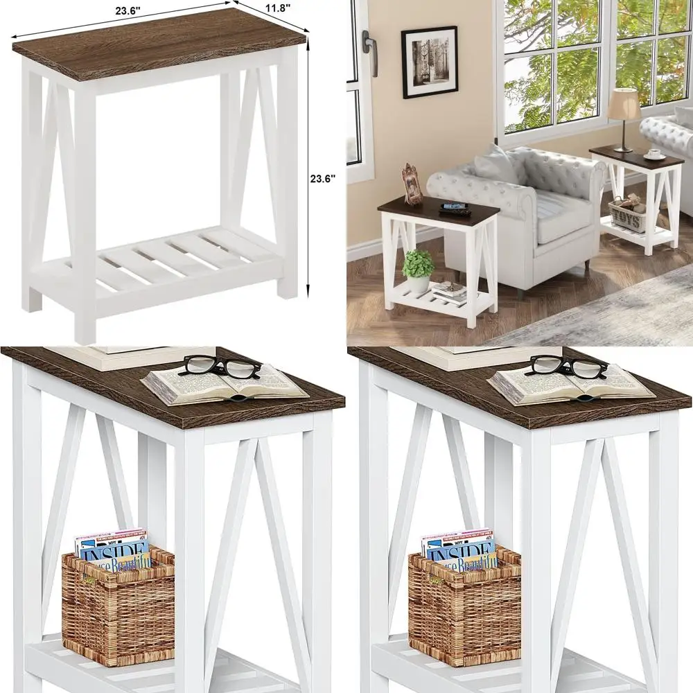

Farmhouse End Table, Narrow Side Table, Slim End Table with Storage Shelf for Small Spaces, Rustic Nightstand, for Living Room,