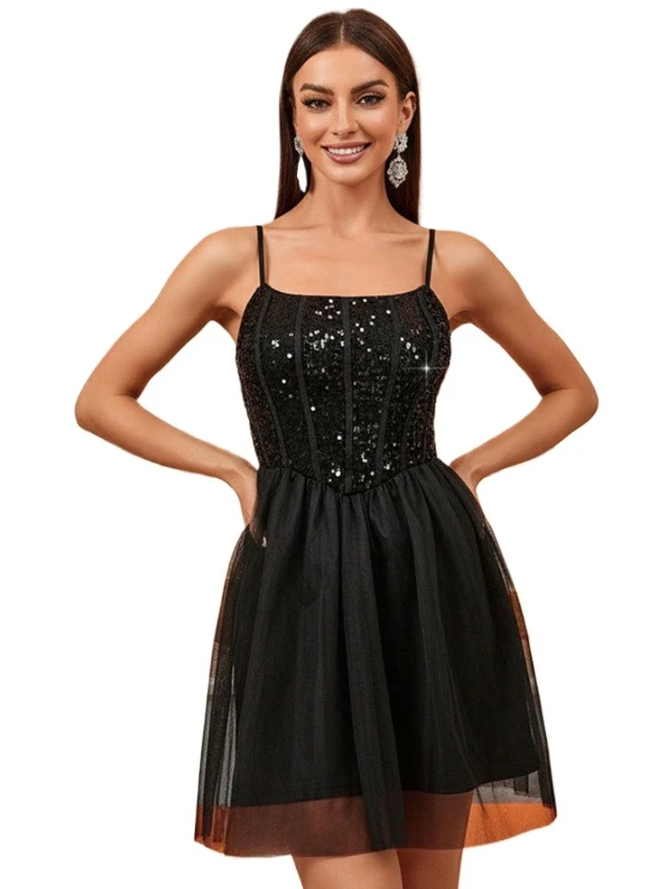 

Sexy Spaghetti Straps Sequins Mesh Party Cocktail Little Black Dress